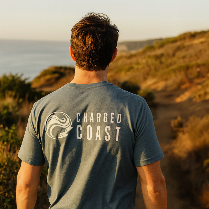 Man wearing Charged Coast t-shirt on Torrey Pines Trail