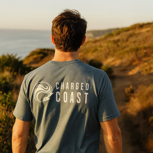 Man wearing Charged Coast t-shirt on Torrey Pines Trail