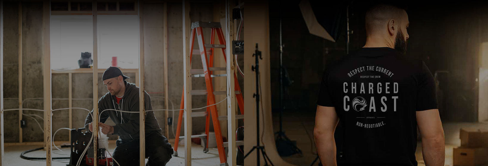 electrician on jobsite and electrician wearing charged coast shirt off the jobsite