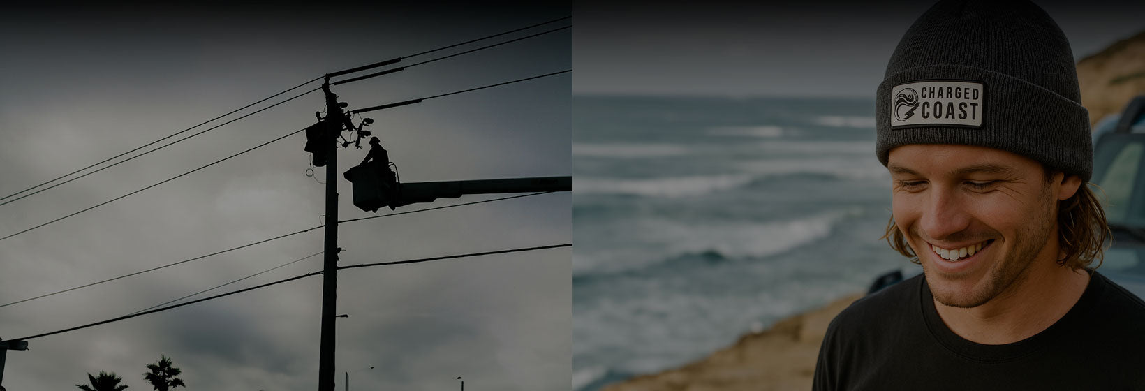 electrician lineman on jobsite and electrician off the clock in san diego on the beach wearing a charged coast beanie